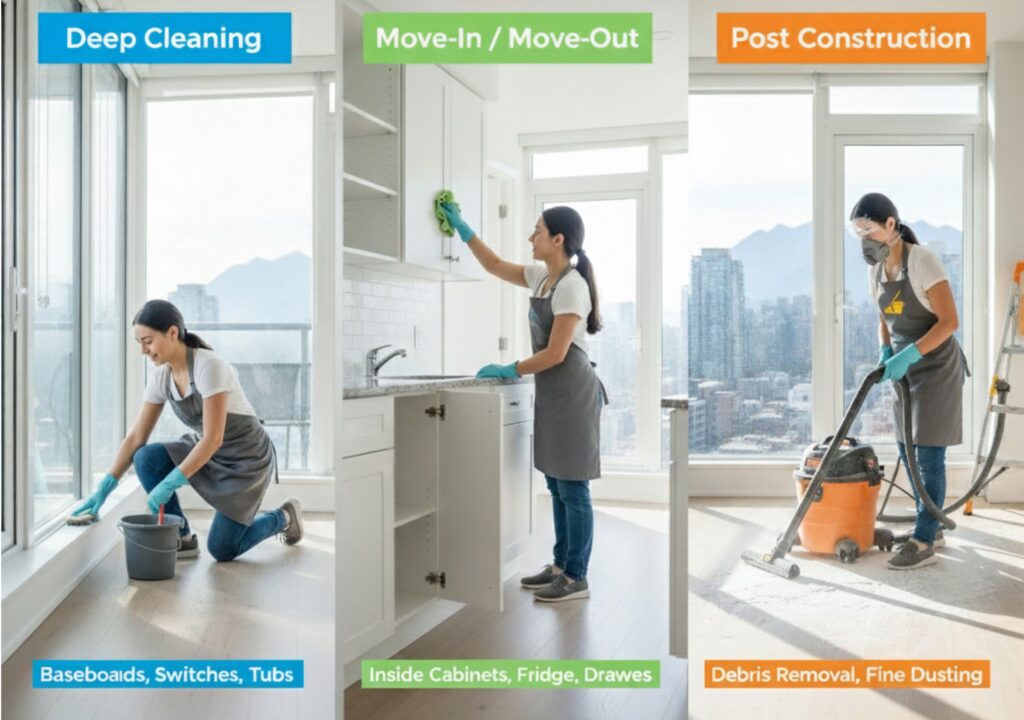 Comparison of Deep Cleaning, Move-InMove-Out Cleaning, and Post-Construction Cleaning.